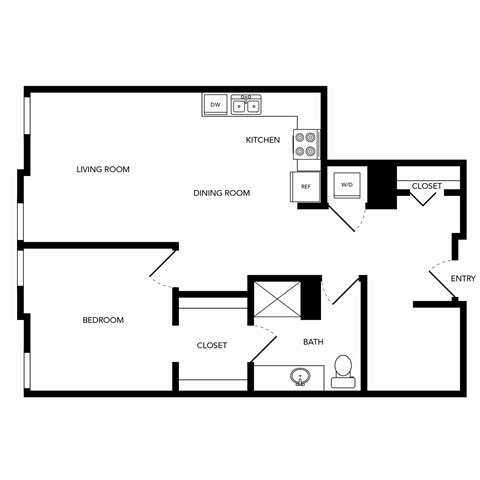 Floor plan for 1 bed, 1 bath, 869 sqft
